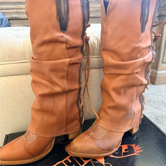 New Freebird Jules Cognac Size 9 Leather Overlay Lace Up Western Boot - Picture 3 of 7